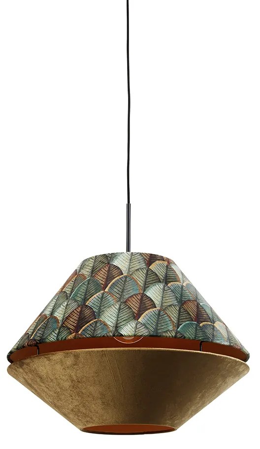 Hanglamp zwart met dubbele velours lampenkap blad dessin en beige - Combi 1