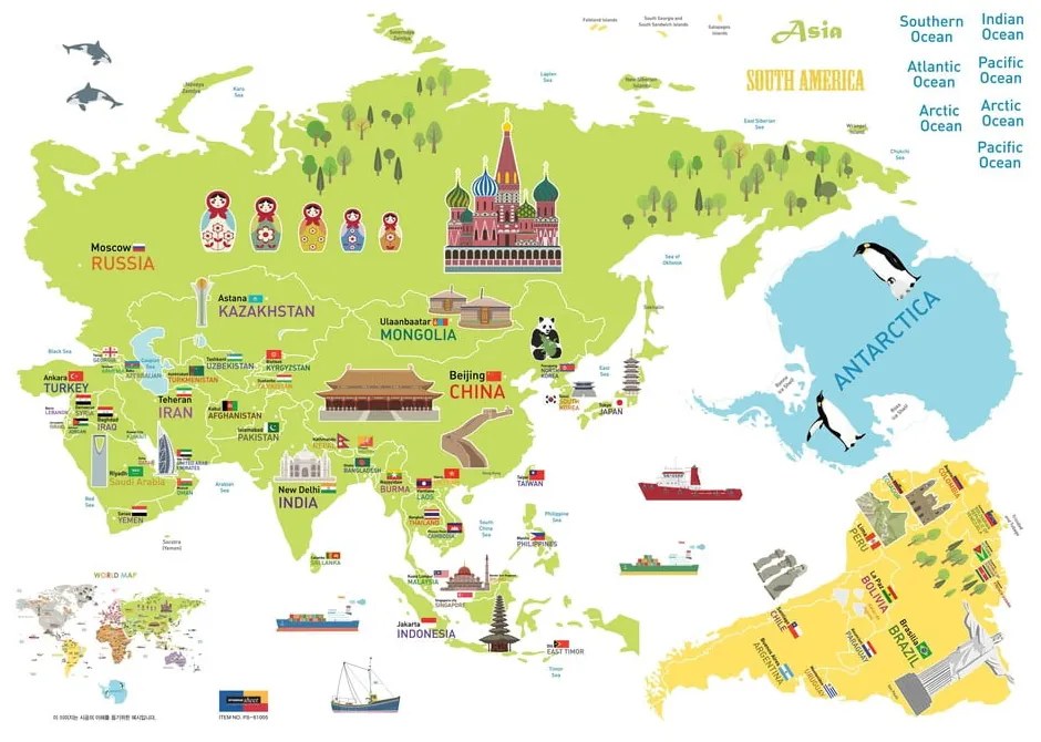 Детски стикер на стената 120x150 cm Giant World Map – Ambiance