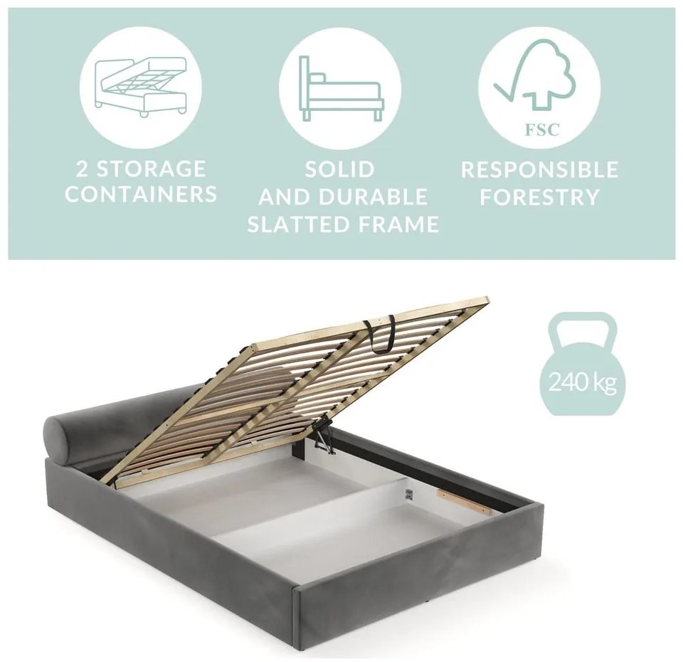 Тъмносиво двойно легло 180x200 cm тапицирано с място за съхранение с включена подматрачна рамка Solvo – Maison de Rêve