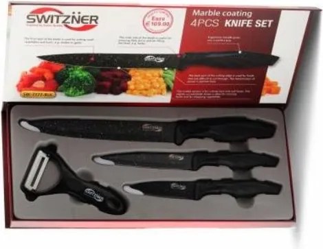 Комплект ножове и белачка Switzňer SW-5555-BLK, 4 части, Белачка, Керамично покритие, Лазерно заточване, Неръждаема стомана, Черен