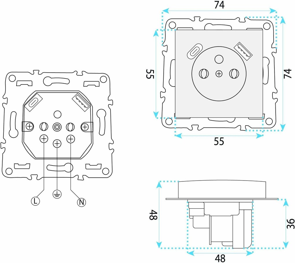Единичен контакт със заземяване + USB-A USB-C OSTE JNH004-G Grey