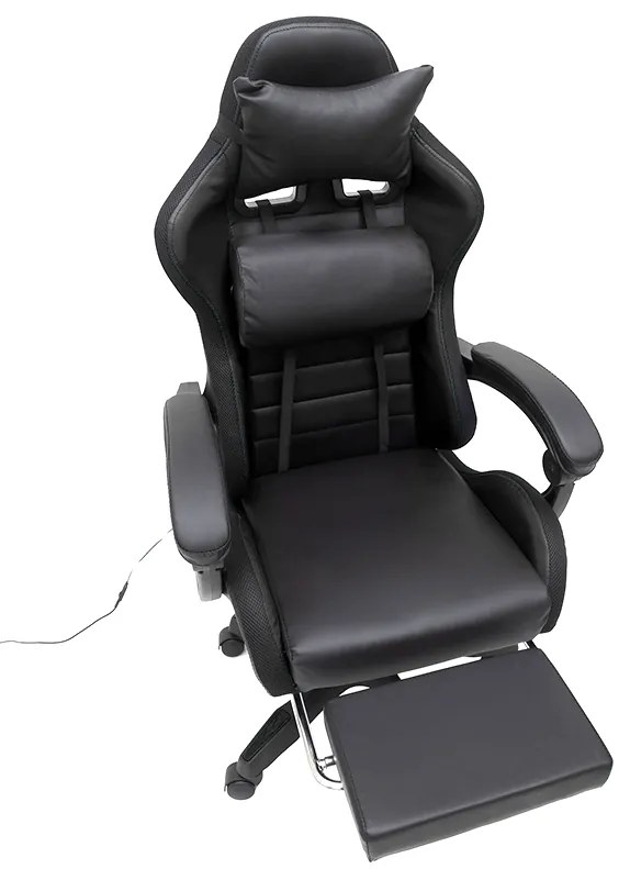 LED геймърски стол със сгъваема поставка за крака и функция за масаж - черен