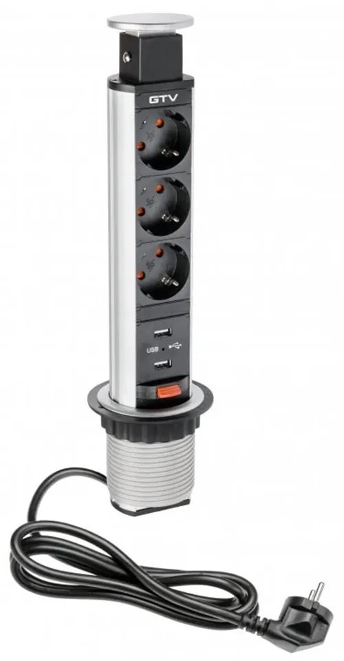 GTV AE-BPW3S60U-80 Pull-out контакт за вгражд., 3х Schuko, USB5V/2,4A, кабел 1,5 м, сребрист