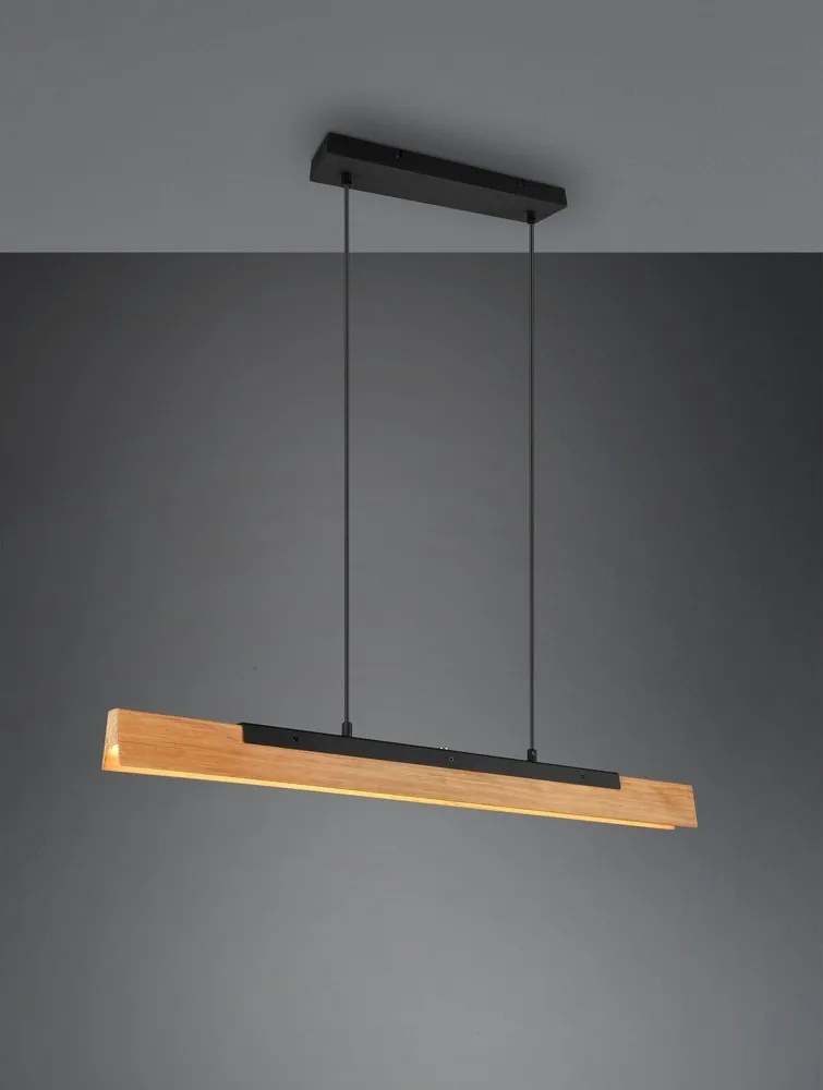 Матово черно LED висящо осветително тяло с дървен абажур Kerala – Trio