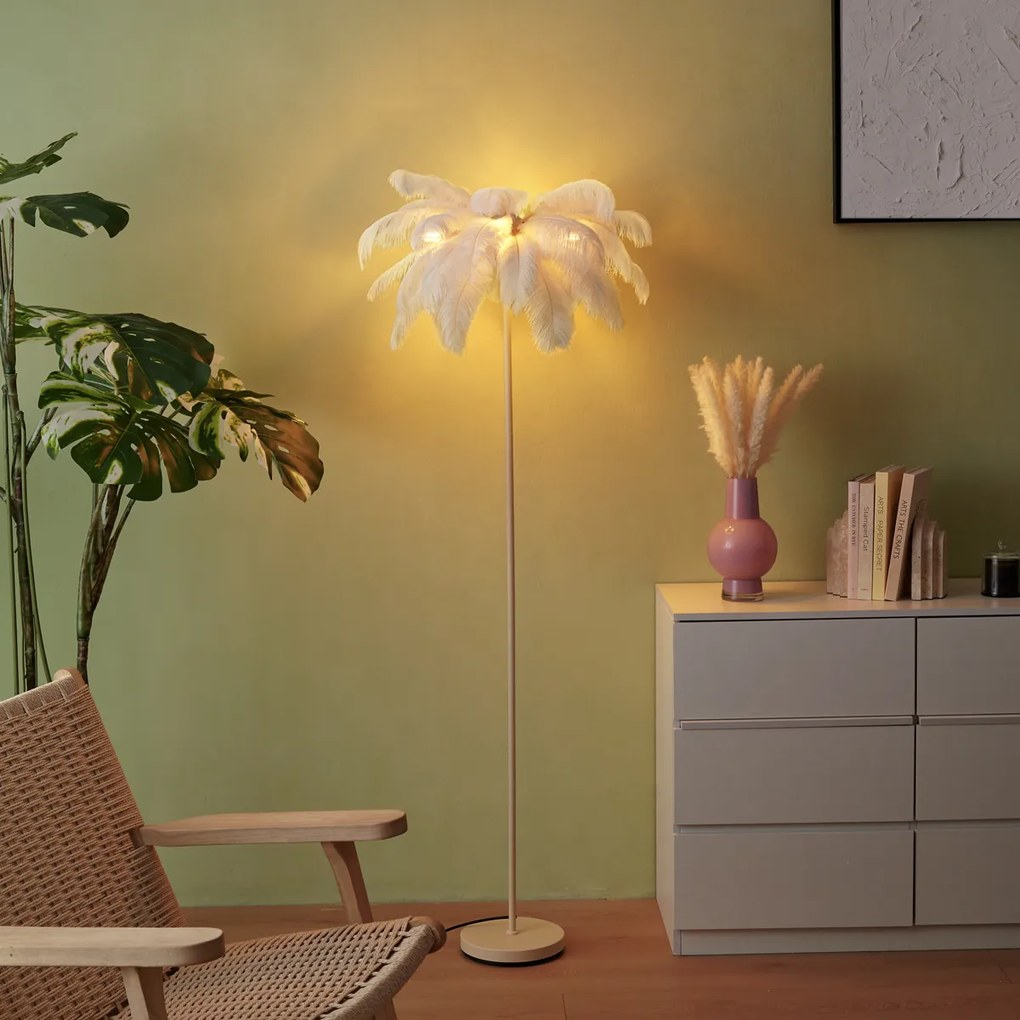 Арт Деко подова лампа бежова с бели пера - Peahen