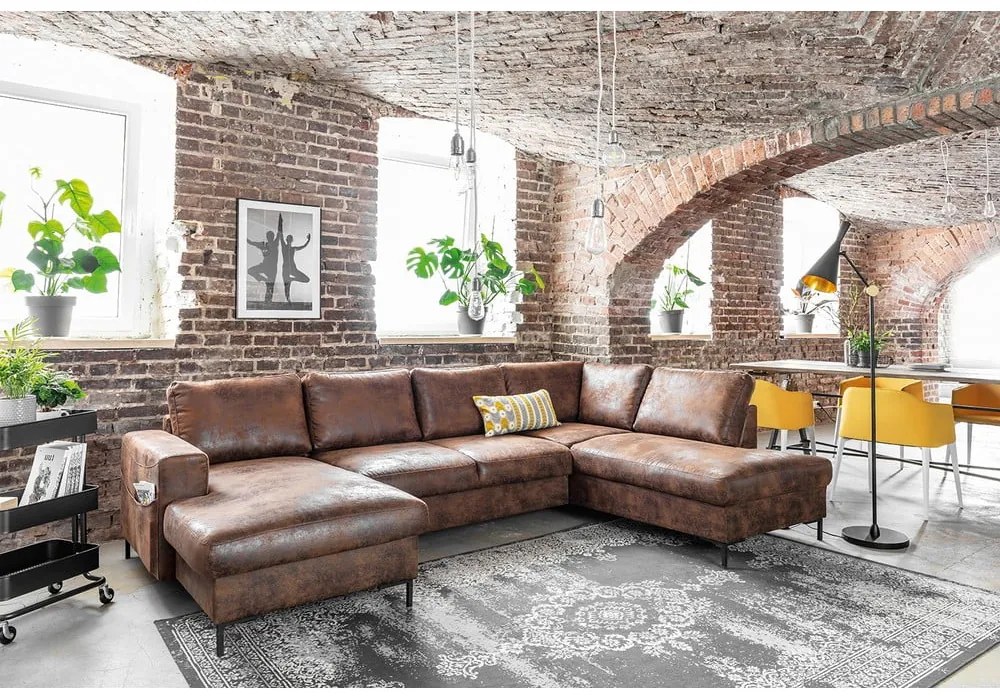 Кафяв U-образен разтегателен диван с имитация на кожа Vintage, десен ъгъл Lofty Lilly - Miuform