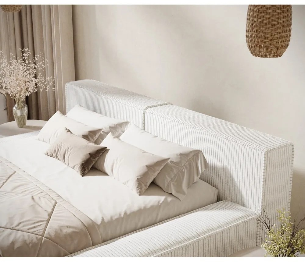 Кремаво двойно легло 140x200 cm тапицирано с място за съхранение с включена подматрачна рамка Voliera – Maison de Rêve