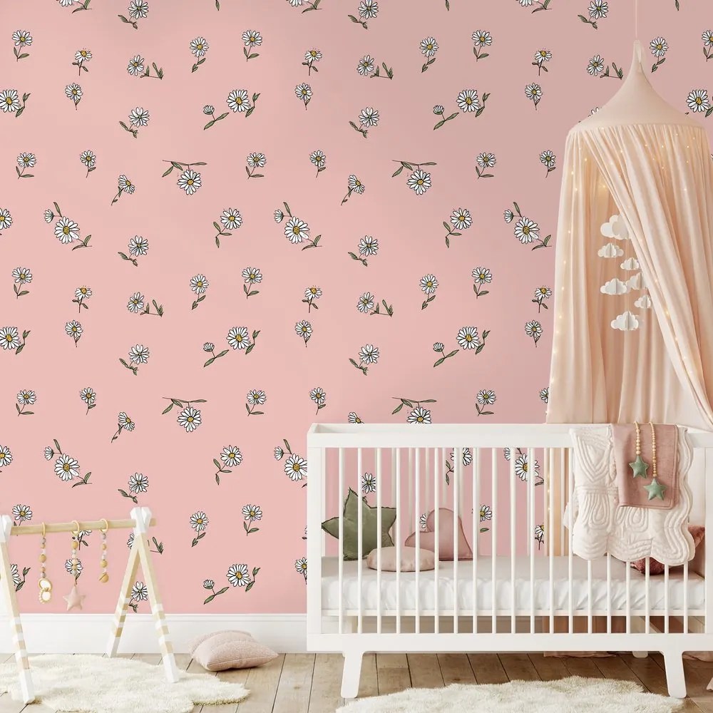 Тапет – Розов фон с бели цветчета