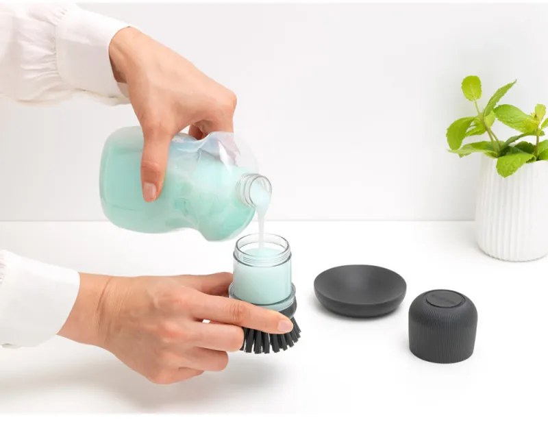 Дозатор за течен сапун с четка за миене на съдове Brabantia Sinkside 1003317, 100 мл, Полиестерни четчици, Поставка, Тъмносив