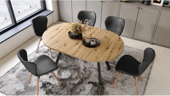 АЛМО Дъб Артисан/черни крака - КРЪГЛА РАЗТЕГАТЕЛНА МАСА С Y-ОБРАЗНИ КРАКА В ЛОФТ/ИНДУСТРИАЛЕН СТИЛ ЗА ХОЛ ИЛИ ТРАПЕЗАРИЯ