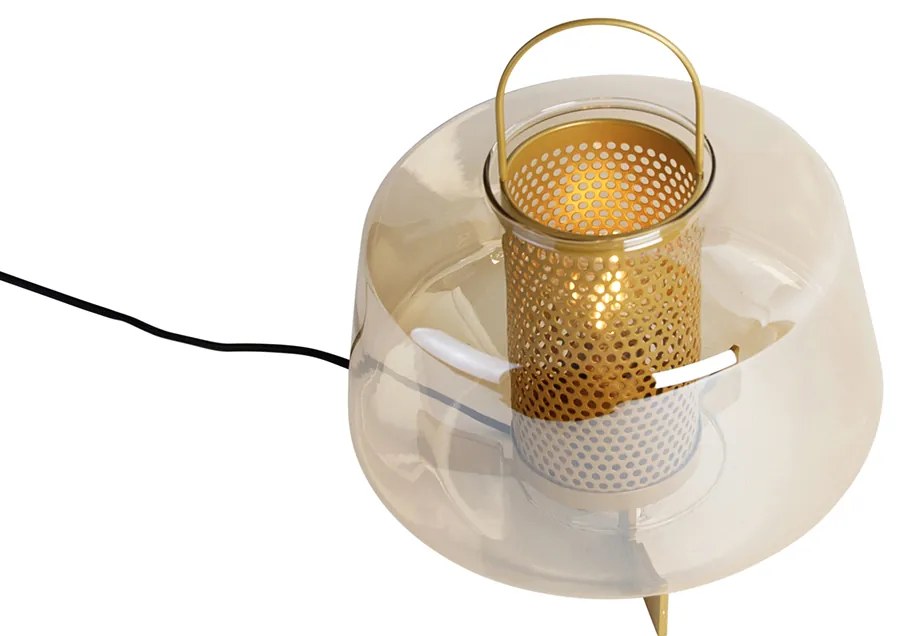 Арт Деко настолна лампа злато с кехлибарено стъкло 30 см - Kevin