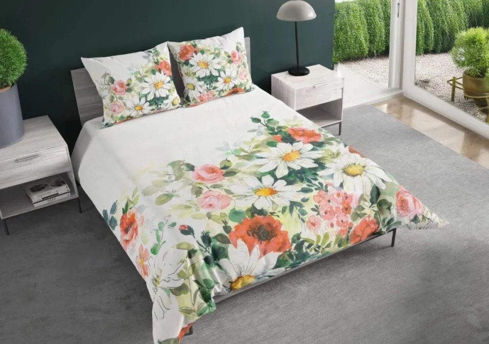 Чаршафи от памучен сатен - маргаритки и рози на бял фон 2 части: 1 бр. 140x200 + 1 бр. 70x80