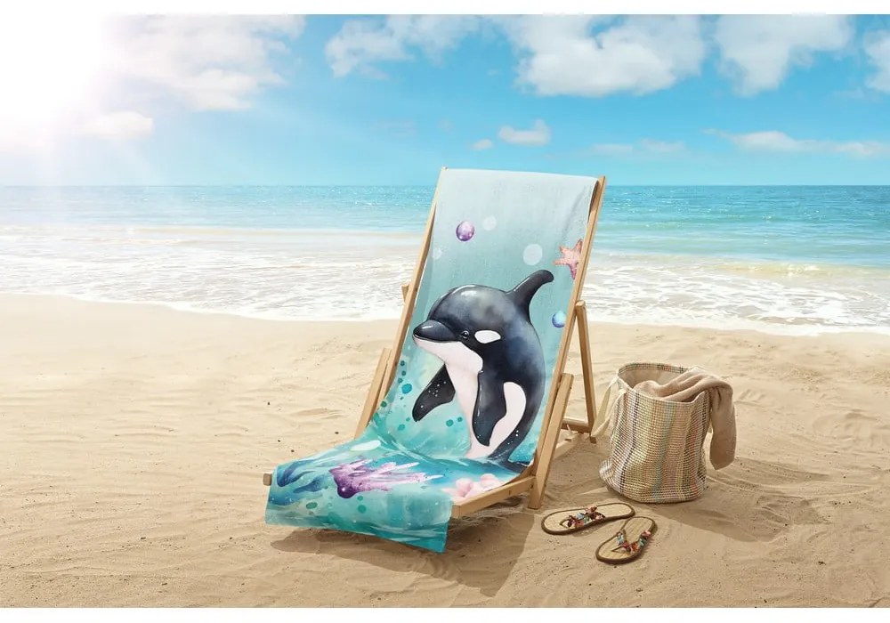 Синя детска кадифена плажна кърпа 75x150 cm Splash – Good Morning