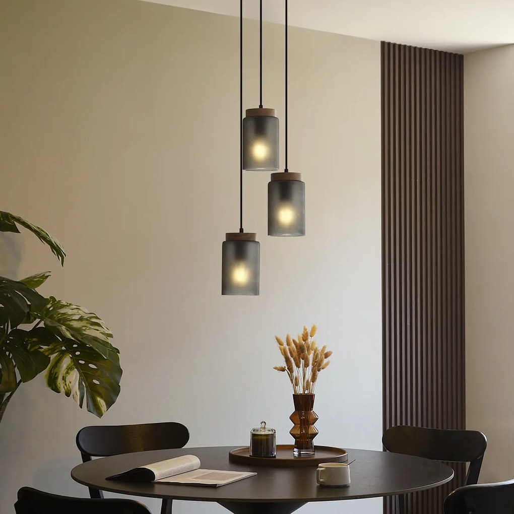 Модерен висящ лампион черен с дърво и матово сиво стъкло 3 светлини - Umbra