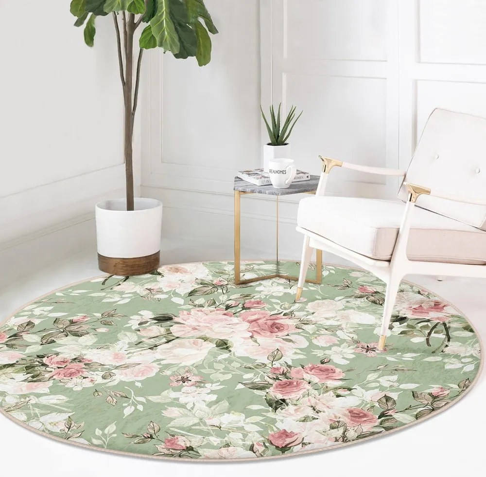 Светлозелен кръгъл килим подходящ за пране и за прахосмукачки роботи ø 80 cm Comfort – Mila Home