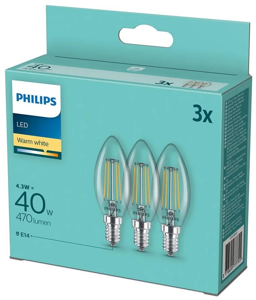 КОМПЛЕКТ 3x LED Крушка Philips B35 E14/4,3W/230V 2700K