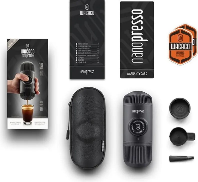 Преносима еспресо машина Wacaco Nanopresso Black, 18bar, 80 мл, За мляно кафе, Без необходимост от зареждане и батерии, Калъфче, Черен
