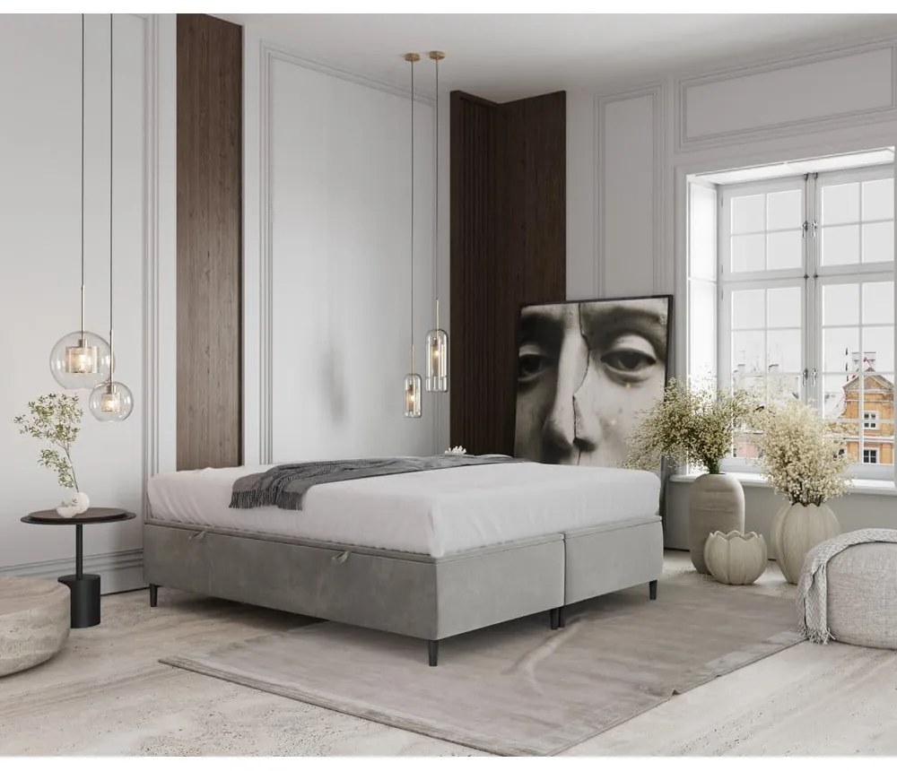 Светлосиво тапицирано двойно легло с място за съхранение 180x200 cm Tate – Maison de Rêve