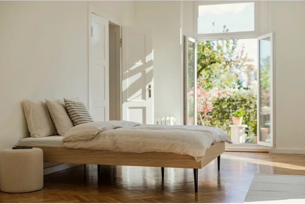 Двойно легло 180x200 cm ПДЧ от декор от дъб без табла с включена подматрачна рамка в естествен цвят Streiko – noo.ma