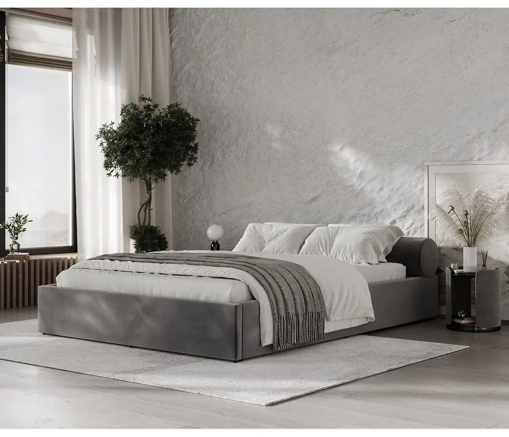 Тъмносиво двойно легло 140x200 cm тапицирано с място за съхранение с включена подматрачна рамка Solvo – Maison de Rêve