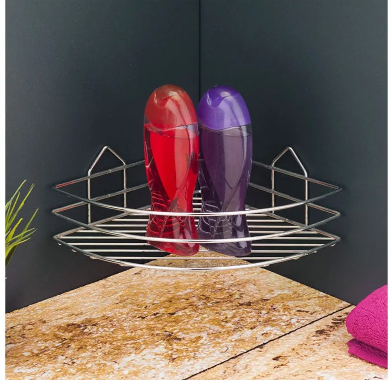 Ъглова етажерка за баня на 1 ниво TEKNO TEL BK 001, 23х23х9 см, Закрепване с дюбел, Хром