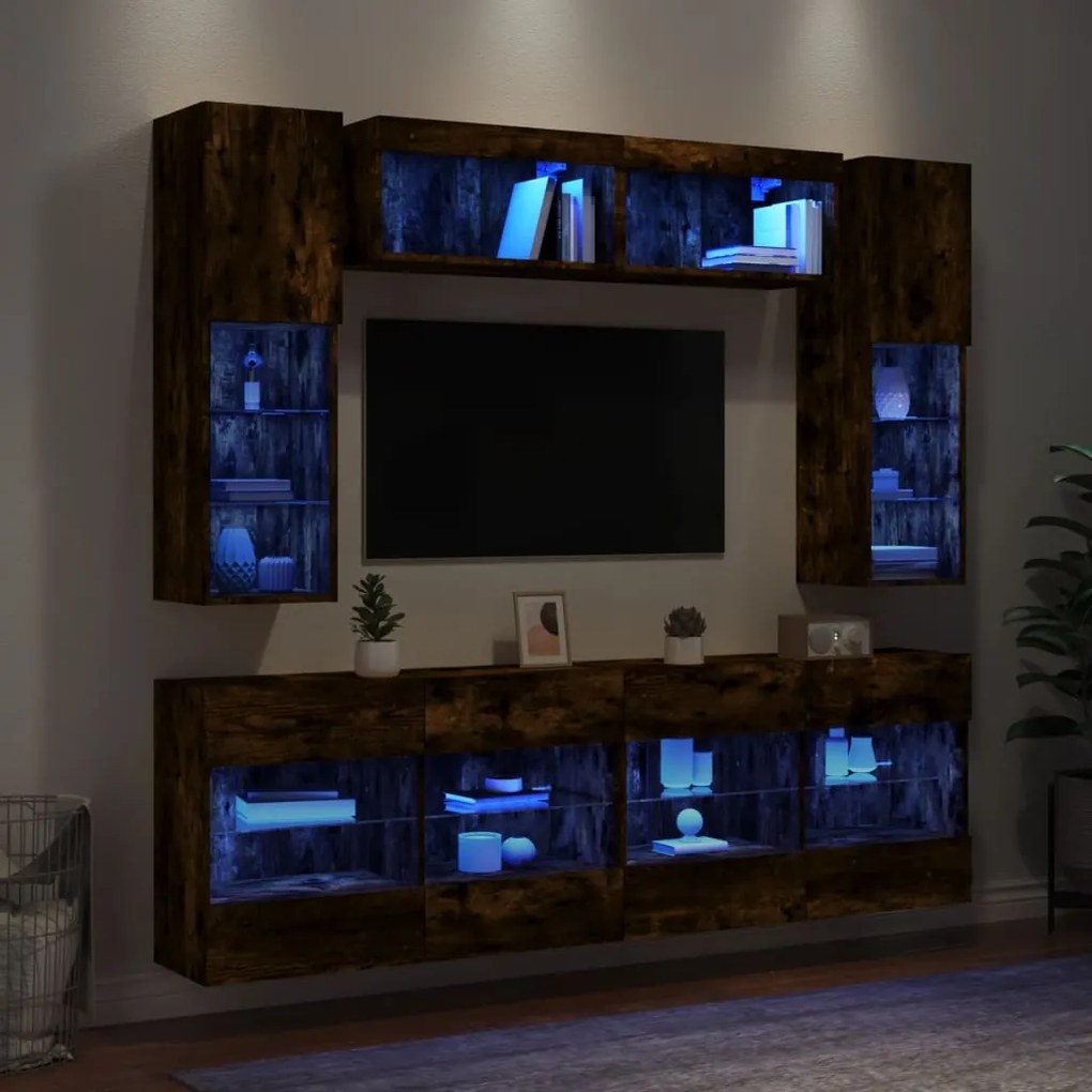 3216801 vidaXL Комплект ТВ стенни шкафове, 6 части, с LED светлини, опушен дъб