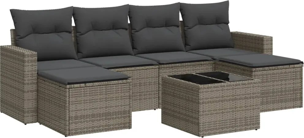 3251667 vidaXL Градински диван с възглавници, 7 части, полиратан, сив