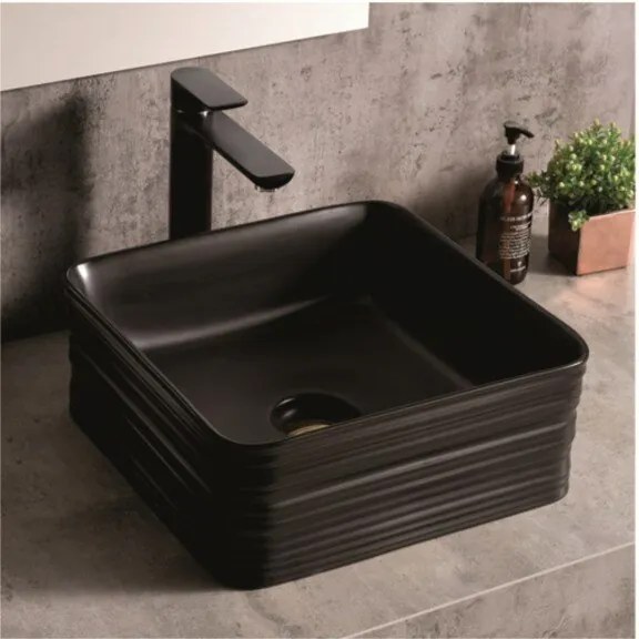 Мивка за баня ICB 878B, монтаж върху плот, порцелан, черен мат, 39x39x15см