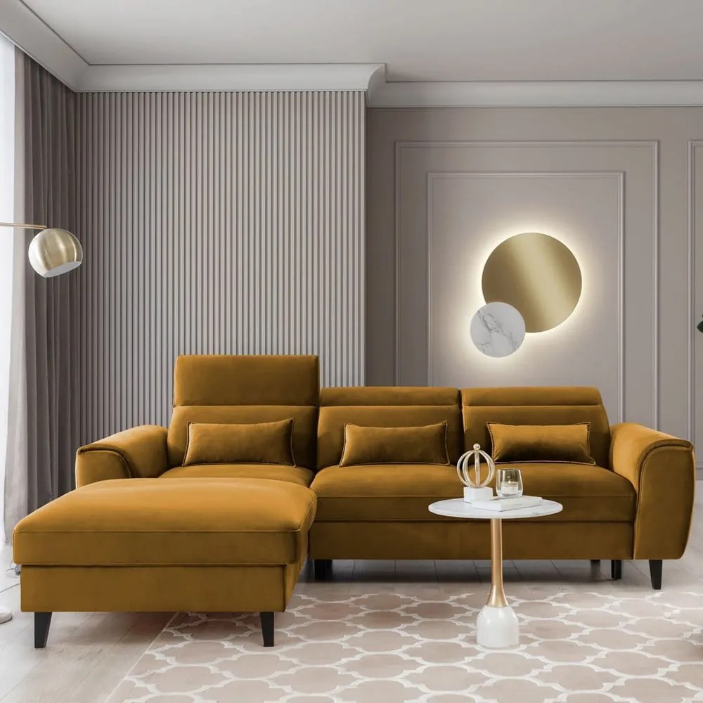 Жълт кадифен разтегателен ъглов диван с място за съхранение (ляв ъгъл) Foble – ELTAP