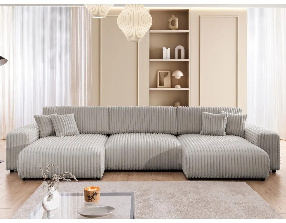 Светлосив сгъваем/с място за съхранение ъглов диван от рипсено кадифе (U форма) Sarina – Ropez