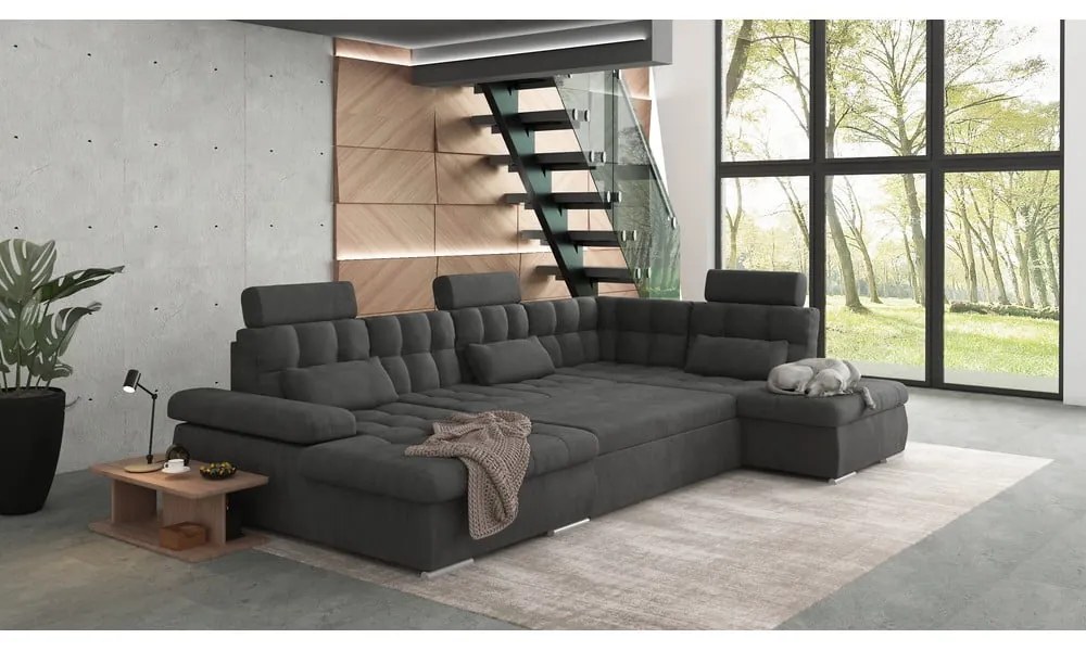 Антрацитен разтегателен ъглов диван с място за съхранение (десен ъгъл/U форма) Merkur – Ropez