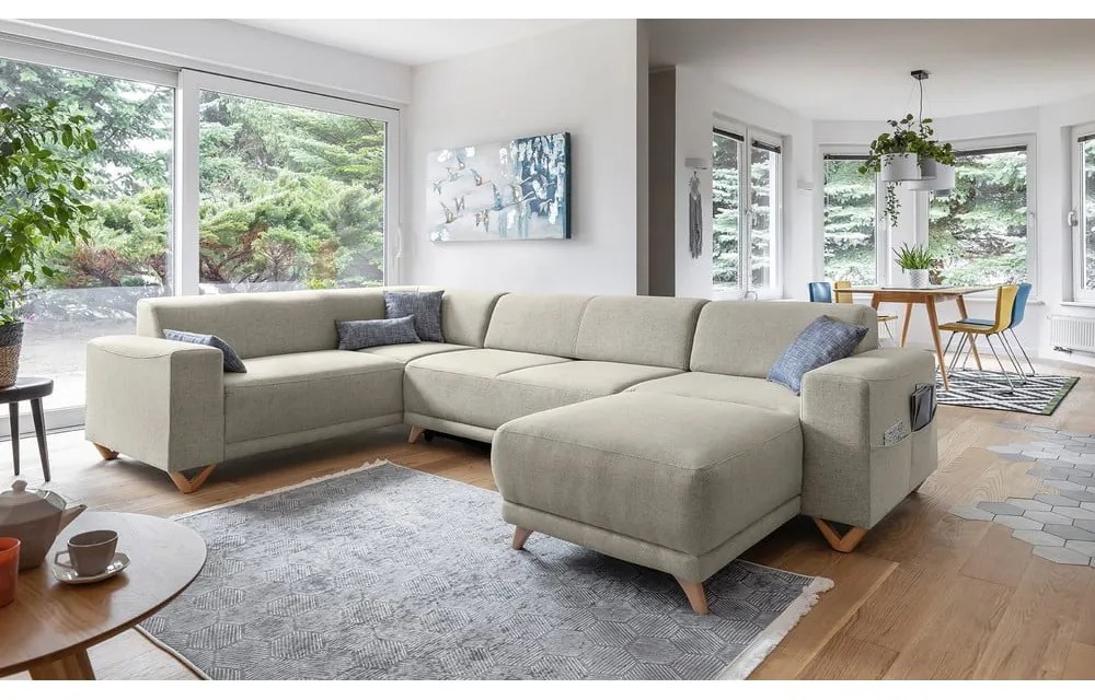 Бежов разтегателен/с място за съхранение ъглов диван (ляв ъгъл/U форма) Classy Sophie – Miuform