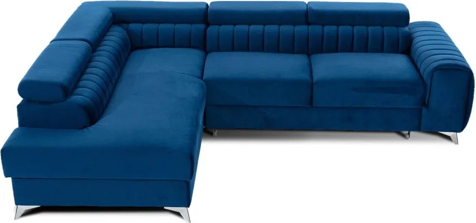 Син кадифен разтегателен ъглов диван с място за съхранение (ляв ъгъл L форма) Laurence – ELTAP