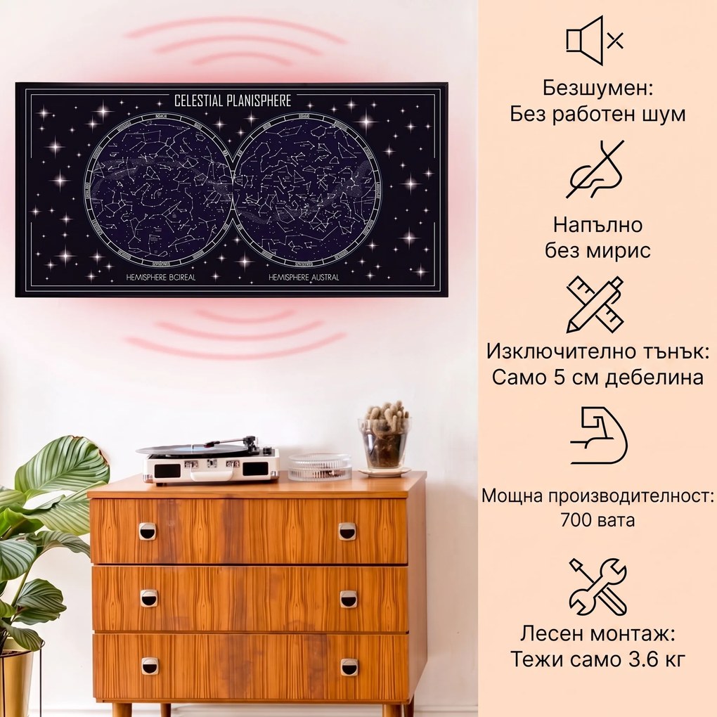 Klarstein Wonderwall Air Art Smart, инфрачервен отоплител, карта на небето, 120 х 60 см, 700 W