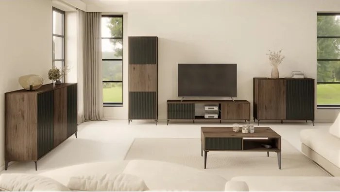 Скрин РИМИНИ К-123 Елегантен Орех/Черно - МОДЕРЕН ШКАФ С НАБРАЗДЕНИ ФРОНТОВЕ