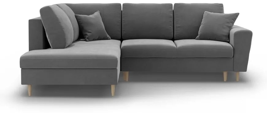 Светлосив кадифен разтегателен ъглов диван с място за съхранение (ляв ъгъл/L форма) Kyoto – Cosmopolitan Design