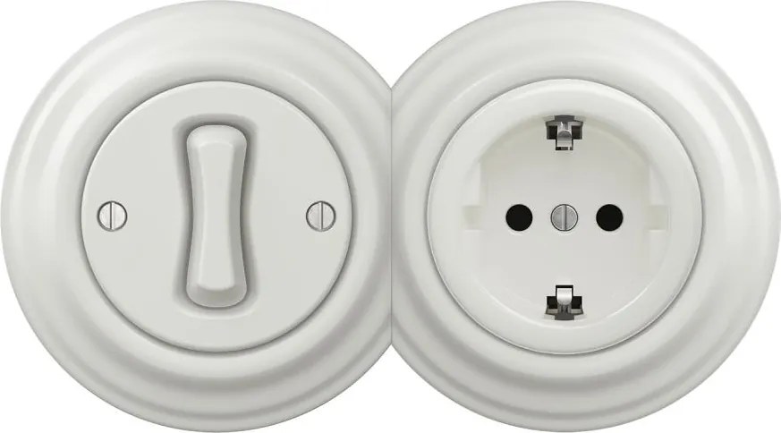 Kliklap - Ретро еднополюсен ключ №1 и SCHUKO гнездо 230V с бяла керамична рамка
