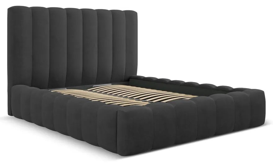 Антрацитно тапицирано двойно легло с място за съхранение с включена подматрачна рамка 200x200 cm Kelp – Micadoni Home