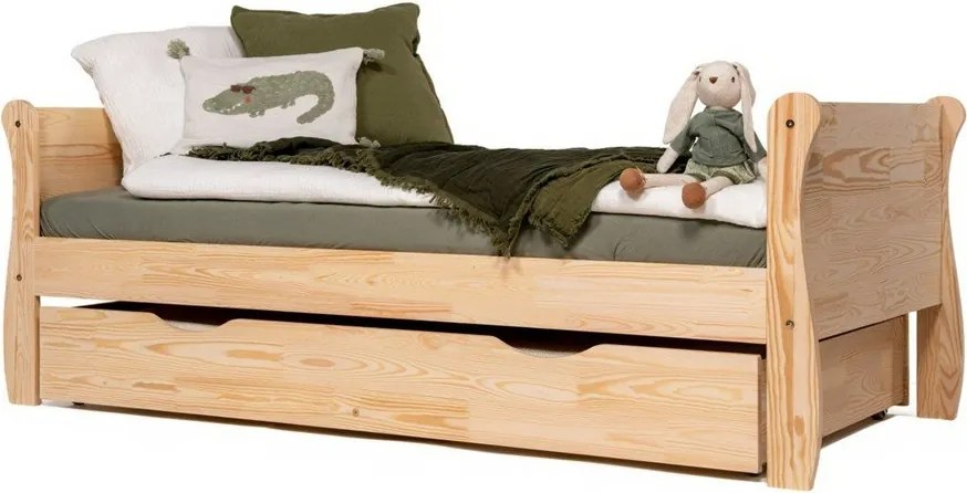 Детско разтегателно легло от масивен бор с място за съхранение с включена подматрачна рамка в естествен цвят 100x200 cm Roma – Adeko
