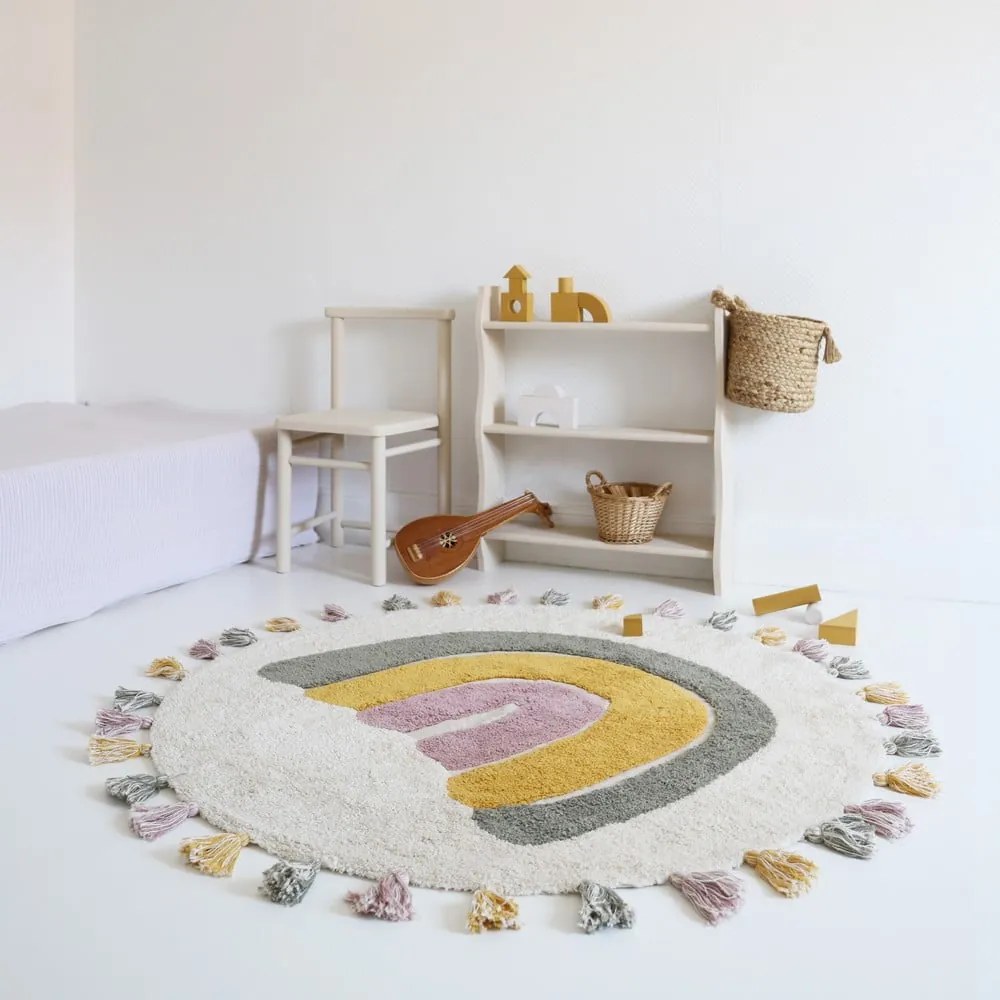 Кремав ръчно изработен памучен детски килим подходящ за пране ø110 cm Rainbow Moss – Nattiot
