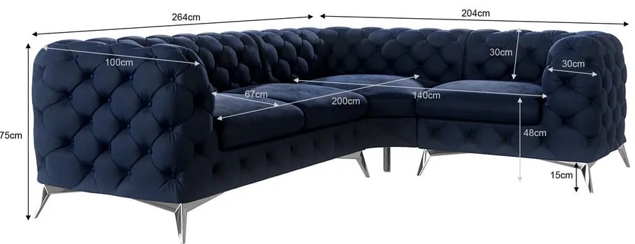 Тъмносин кадифен ъглов диван (десен ъгъл/L форма) Chelsea – Ropez