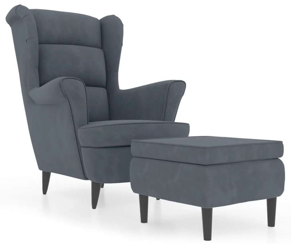 3115932 vidaXL Фотьойл Wingback с табуретка, тъмносив, кадифе