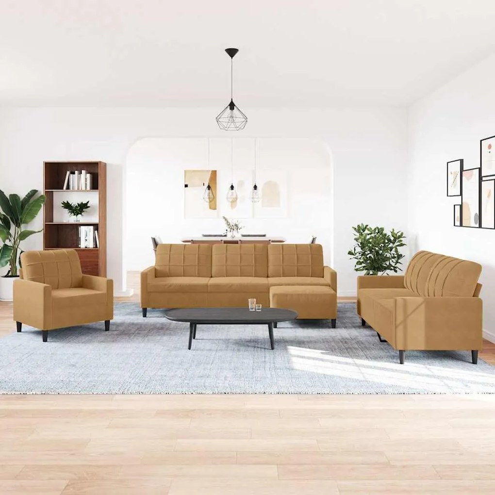 3278448 vidaXL Комплект дивани от 4 части с възглавници, кафяв, кадифе