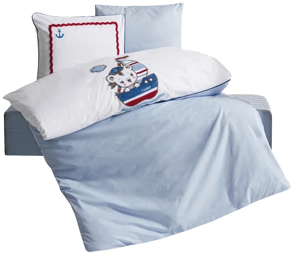 Бяло-синьо памучно детско спално бельо с включен долен чаршаф, 4 части 100x150 cm Miniyo – Mijolnir