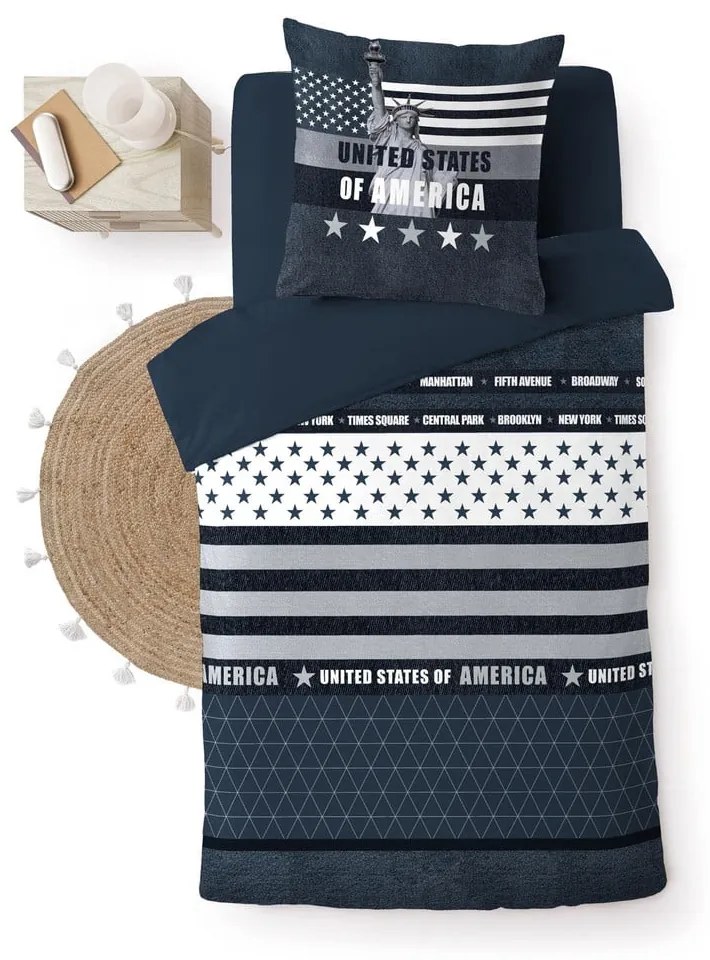 Тъмносиньо единично памучно спално бельо 140x200 cm States – douceur d'intérieur