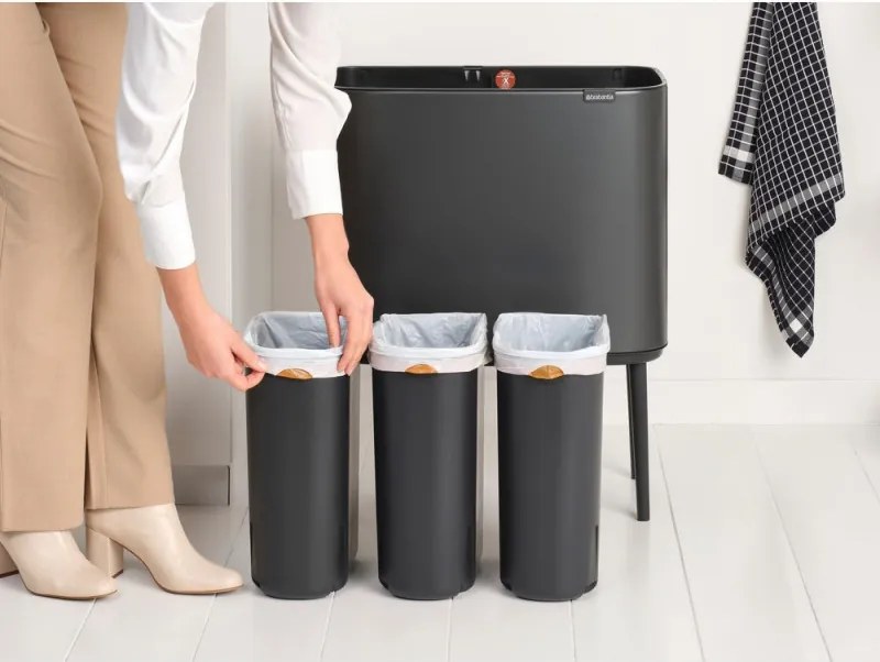 Кош за боклук Brabantia Bo Touch 1008857, 3x11 л, Плавно и безшумно отваряне, Голям отвор, Тъмносив