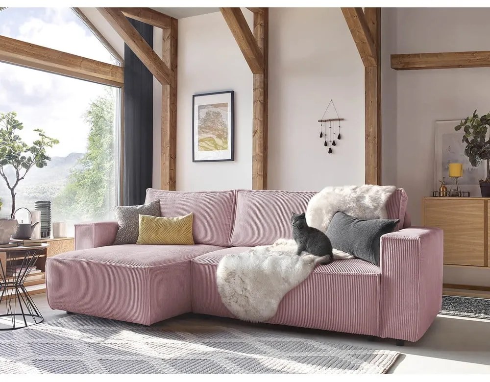 Светлорозов велурен разтегателен диван Nihad - Bobochic Paris