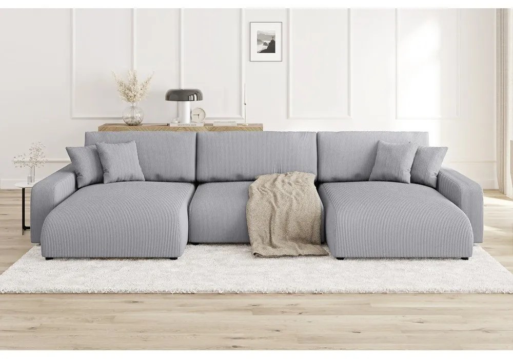 Светлосив ъглов диван с място за съхранение от рипсено кадифе Sara – Ropez