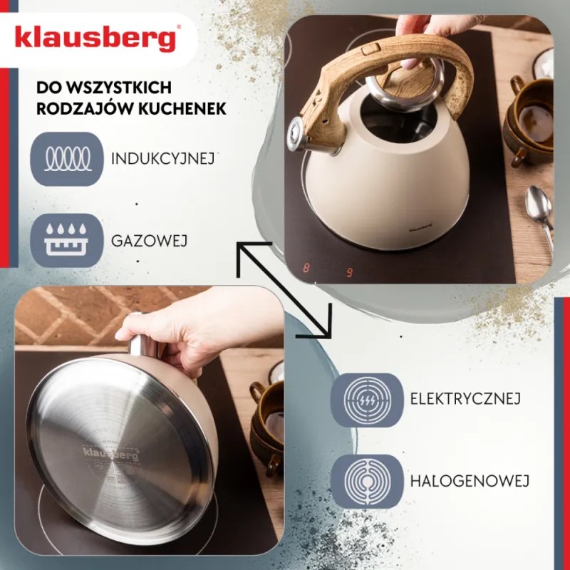 Свирещ чайник Klausberg KB 7954, 2.5 л, Неръждаема стомана, Топлоизолирана дръжка с дървесен ефект, Индукция, Бежов/кафяв