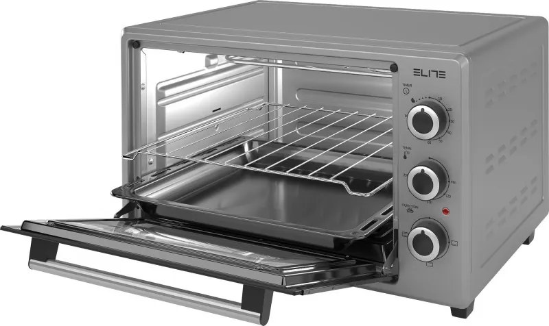 Мини фурна Elite EMO-38300G, 1800W, 38 л, 3 функции, Двойно стъкло, Поцинкована вътрешност, Скрит долен нагревател, Термостат, Таймер, Сив